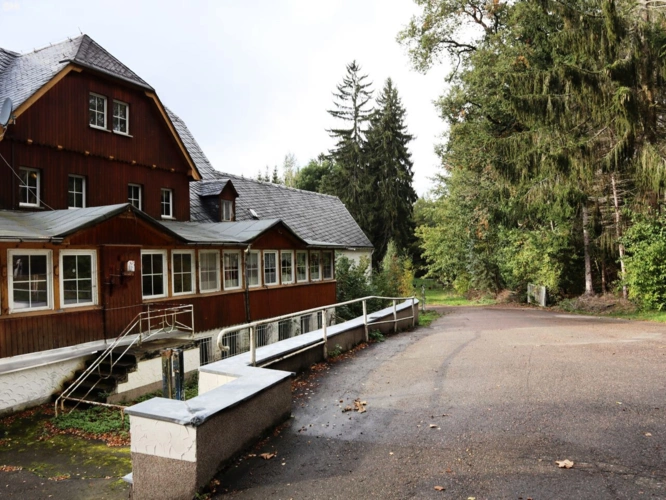 Zugang zum Flachbau im Wald